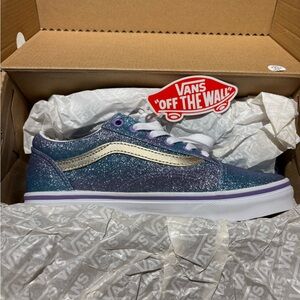 Vans Kids Blue Glitter Sneakers with Gold Stripe